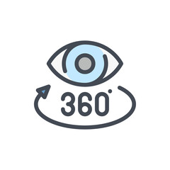 Poster - Augmented reality color line icon. Eye with rotating arrow and 360 vector outline colorful sign.