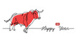 Happy ox Year simple vector banner, background. Chinese new year 2021 concept with red cow, bull. One continuous line drawing with text Happy ox Year.