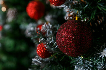 Wall Mural - Close-up photo with decorations of christmas tree. Selective focus. Narrow depth of field.