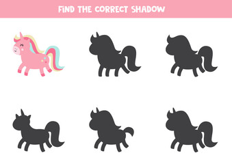 Wall Mural - Find right shadow of cute cartoon unicorn.