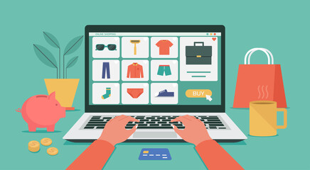human hand using laptop computer for online shopping, men fashion products on e-shop with icons and goods concept, vector flat graphic illustration