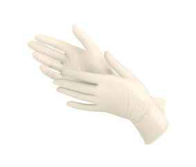 Medical nitrile gloves.Two yellow surgical gloves isolated on white background with hands. Rubber glove manufacturing, human hand is wearing a latex glove. Doctor or nurse putting on protective gloves