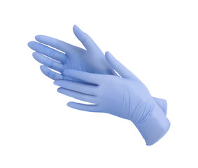 Medical nitrile gloves.Two blue surgical gloves isolated on white background with hands. Rubber glove manufacturing, human hand is wearing a latex glove. Doctor or nurse putting on protective gloves