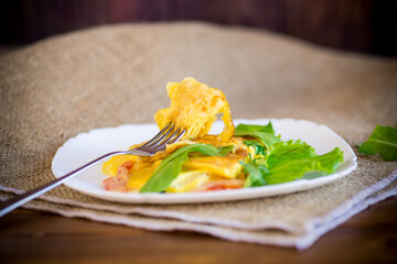 Sticker - fried home omelet with vegetables and arugula in a plate