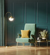 3d render of a green living room with a green mid century armchair and a classic bronze floor lamp
