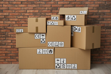 Canvas Print - Cardboard boxes with different packaging symbols on floor near brick wall. Parcel delivery