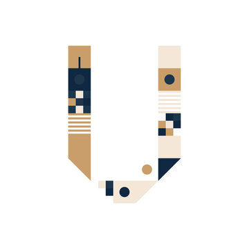 Vector Pixel Art Letter V. Colorful Letter Consist of Modules from Strips, squares and dots on white background. Geometric Alphabet for Posters like electronic scoreboard.
