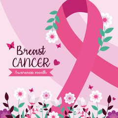 Sticker - breast cancer awareness pink ribbon with flowers and butterflies design, october month campaign theme Vector illustration