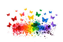 Rainbow Watercolor Splash Background With Flying Butterflies. Vector Illustration