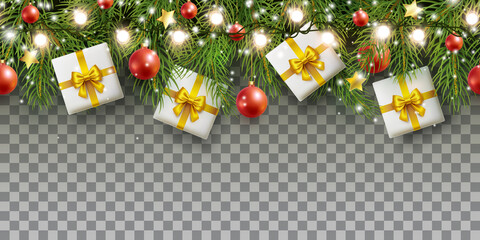 Christmas tree seamless border. Vector frame with green fir branches, red balls, light garland and white gift boxes isolated on transparent background. Festive xmas evergreen pine decor banner