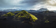 A high resolution panorama of the Highlands in Iceland during summer time. Landscape drone photography, Tourism in Iceland, beauty of the mother nature