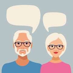 Wall Mural - old couple persons with speech bubbles characters