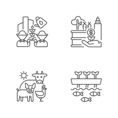 Sticker - Agribusiness linear icons set. Community farming. Tactical garden. Animal husbandry. Aquaponic structure. Customizable thin line contour symbols. Isolated vector outline illustrations. Editable stroke