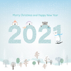 Poster - Happy New year 2021 on blue pastel colour with polar bear and pine trees forest,Kawaii flat cartoon design, vector Illustration for new year or Chritmas Greeting card and invitation card