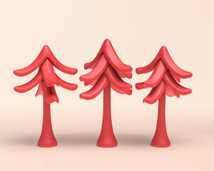 Three Stylized Banana Trees, monochrome red color 3d Icon tree on white background, solid flat colors,3d Rendering