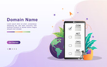 Domain Name And Registration Concept. Register A Website Domain, Choose The Right Domain. Can Use For Web Landing Page, Banner, Mobile App. Vector Illustration.