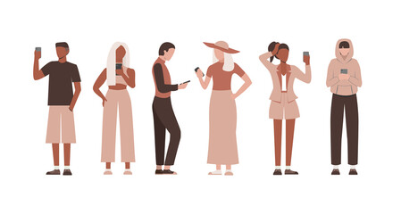 Set of flat people holding smartphone and chatting, texting and take selfie. Group of man and woman with mobile phones.