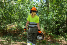 Forest Worker Woman Working In The Forest With Chainsaw