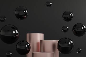 Abstract minimal scene with geometrical forms. Black friday sale. Cylinder podiums rose gold on black background. Scene to show cosmetic podructs. Showcase, display case. 3d render.