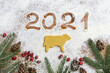 © Маргарита Гусева - Happy new year 2021 written on a board with flour. Ox-shaped cookies, honey, spices, red berries, wooden spoons, parchment on a wooden background. Christmas card, new year card