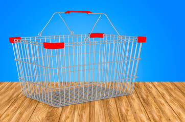 Poster - metallic empty supermarket shopping basket on the wooden table. 3d rendering