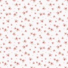 Simple Vector Floral Seamless Pattern. Abstract Background With Small Pink Flowers, Petals On White Backdrop. Liberty Style Wallpapers. Elegant Ditsy Texture. Repeat Design For Decor, Textile, Linens