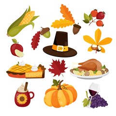 Set with thanksgiving food and autumn elements. Corn, baked turkey, , pilgrim hat, pie