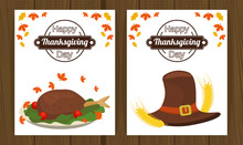 Happy Thanksgiving Day Poster With Turkey Food And Pilgrim Hat