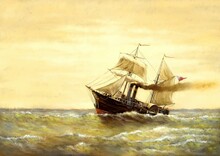 Old Ship In The Sea. Digital Oil Paintings Landscape. Fine Art.