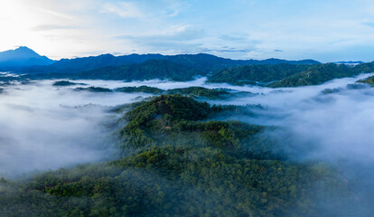 Aerial image of beautiful fresh green nature landscape scene of tropical rainforest and clouds during morning sunrise