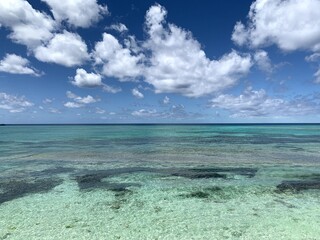 bright blue and green ocean with bright white clouds