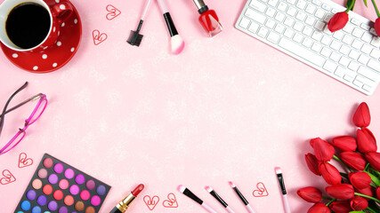 Wall Mural - Beauty makeup shopping feminine pink red theme bloggers desktop workspace with keyboard and accessories on stylish pink textured background. Top view blog hero header creative composition flat lay.
