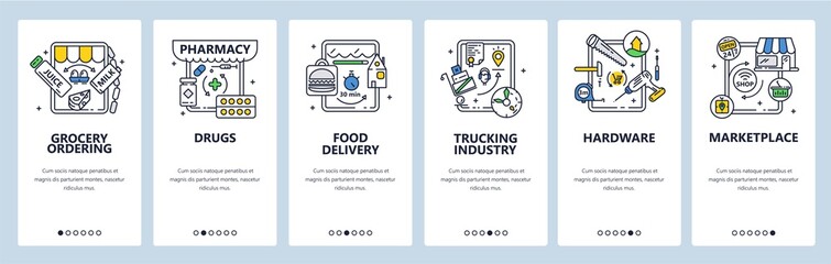 Poster - marketplace, hardware, pharmacy. online grocery order. food delivery. mobile app screens, vector web