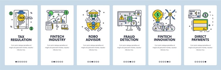 Poster - fintech industry. financial technology and innovation. mobile app screens, vector website banner tem