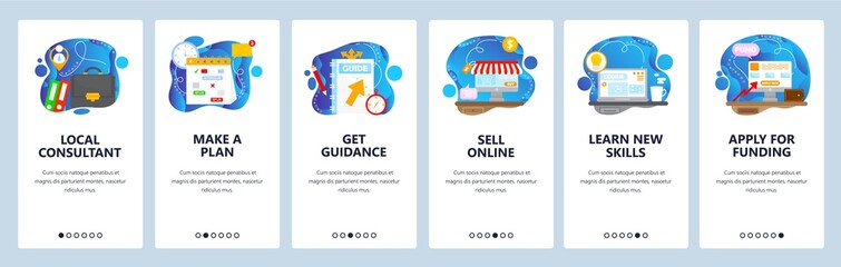 Poster - small local business support. mobile app onboarding screens, vector website banner template.