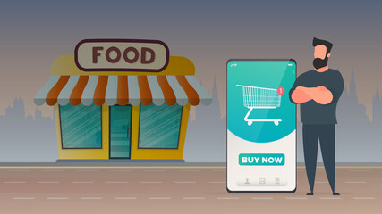 the guy is standing next to a large smartphone. phone with online store application. buy button. car