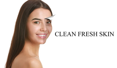 Poster - Young woman before and after facial cleansing procedure on white background