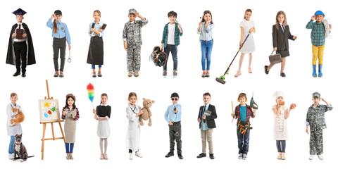 collage with little children in uniforms of different professions on white background