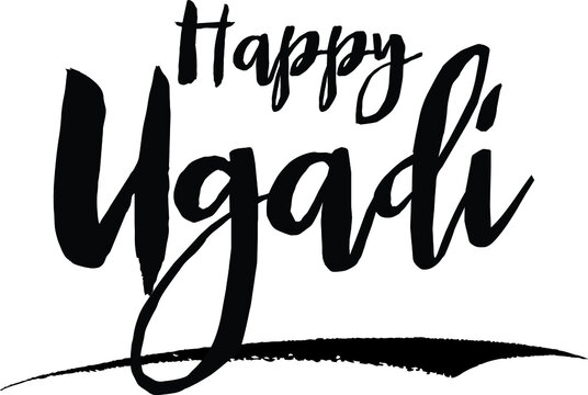Happy Ugadi Calligraphy Black Color Text On White Background