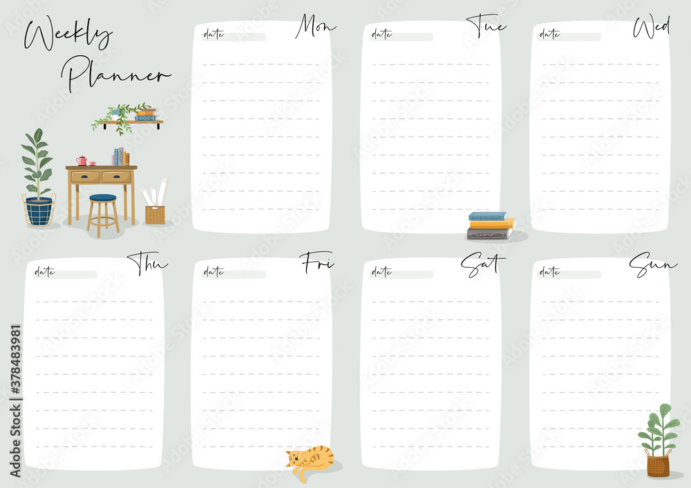 Set of weekly planner and to do list with home interior decor ...