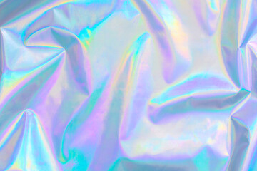 Aufkleber - Abstract Modern pastel colored holographic background in 80s style. Crumpled iridescent foil textile real texture. Synthwave. Vaporwave style. Retrowave, retro futurism, webpunk