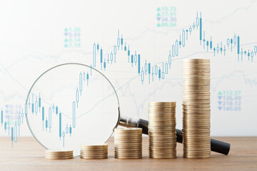 Wall Mural - financial market information and data analyzing. money, magnifier and many charts.