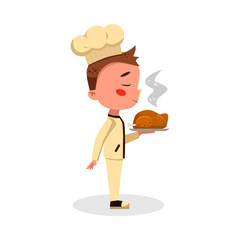 Canvas Print - Boy Professional Chef Character Holding Plate with Hot Fried Chicken, Cute Kid in Uniform and Hat Cooking Tasty Dish Cartoon Style Vector Illustration