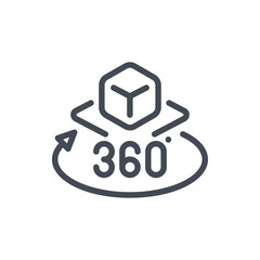 Poster - Augmented reality line icon. Cube with rotating arrow and 360 vector outline sign.