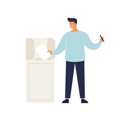Aufkleber - Man putting ballot in box taking part at voting vector flat illustration. Happy male elector making choice of political candidates at polling station isolated. Voter choosing politician at election