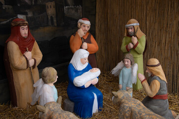  nativity scene with hand-colored figures made out of wood in Satu Mare ,Romania, january, 2020