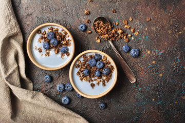 Wall Mural - Healthy breakfast of berry yogurt with chocolate granola and blueberry