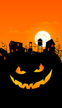 Halloween 2020. City Panorama In Halloween Style. Scary Halloween Isolated Background. Orange And Yellow Background. Halloween Vertical Poster. Vector Illustration.