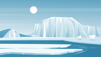 antarctic landscape vector illustration. cartoon frost nature scenery of north with iceberg snow mou