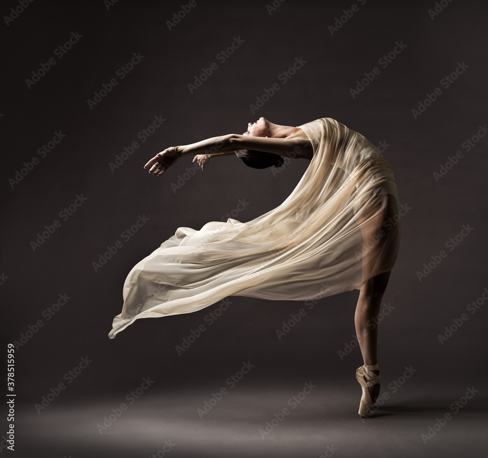 Ballerina Dancing with Silk Fabric, Modern Ballet Dancer in Fluttering Waving Cloth, Pointe Shoes, Gray Background - obrazy, fototapety, plakaty 